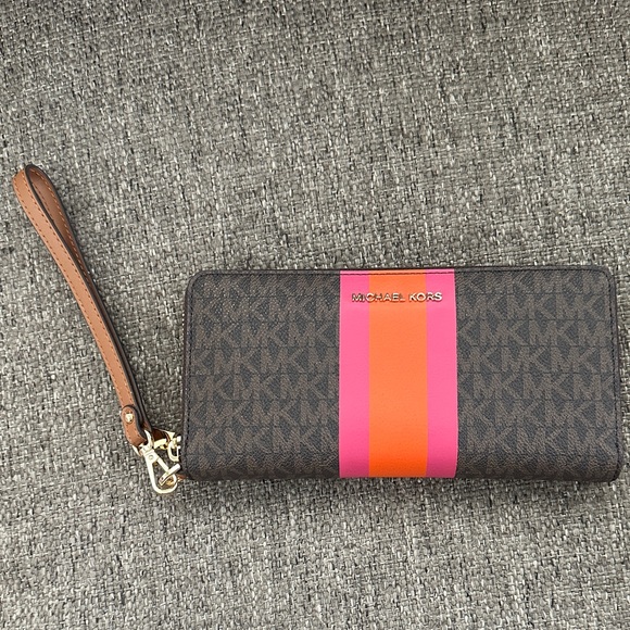 Michael Kors Handbags - Michael Kors Large Logo Stripe Continental Zip Electric Pink Clutch Wristlet